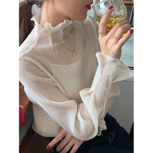 2025秋季新款韓版內搭上衣洋氣木耳邊高領百搭雪紡網紗打底衫女