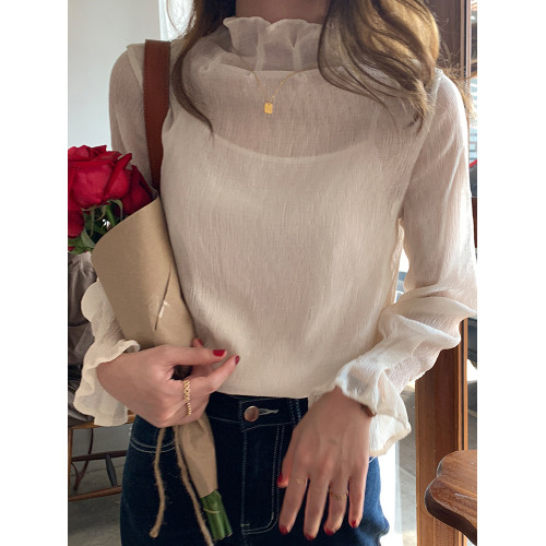 2025秋季新款韓版內搭上衣洋氣木耳邊高領百搭雪紡網紗打底衫女