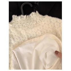 磨毛蕾絲打底衫女秋冬加絨厚洋氣喇叭袖毛衣內搭白色高領網紗上衣