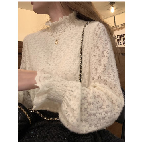 磨毛蕾絲打底衫女秋冬加絨厚洋氣喇叭袖毛衣內搭白色高領網紗上衣