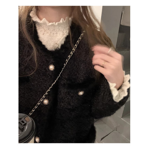 磨毛蕾絲打底衫女秋冬加絨厚洋氣喇叭袖毛衣內搭白色高領網紗上衣