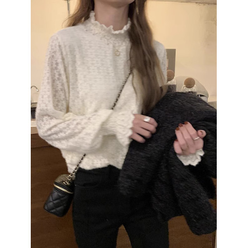 磨毛蕾絲打底衫女秋冬加絨厚洋氣喇叭袖毛衣內搭白色高領網紗上衣