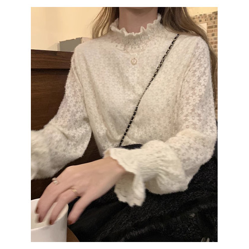 磨毛蕾絲打底衫女秋冬加絨厚洋氣喇叭袖毛衣內搭白色高領網紗上衣