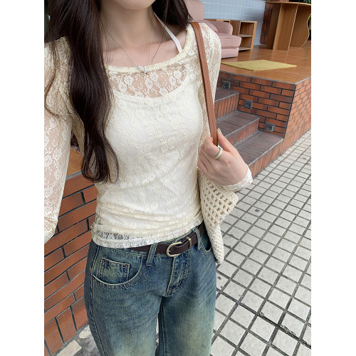 曡穿白色薄款蕾絲打底衫女初秋季內搭掛脖吊帶長袖罩衫上衣兩件套
