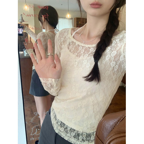 曡穿白色薄款蕾絲打底衫女初秋季內搭掛脖吊帶長袖罩衫上衣兩件套