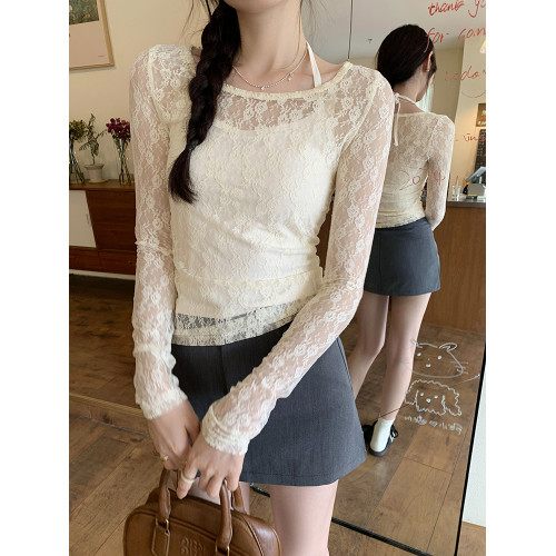 曡穿白色薄款蕾絲打底衫女初秋季內搭掛脖吊帶長袖罩衫上衣兩件套