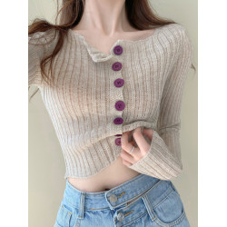 針織打底衫女早秋季開衫薄款內搭T恤設計感小衆修身高腰短款上衣