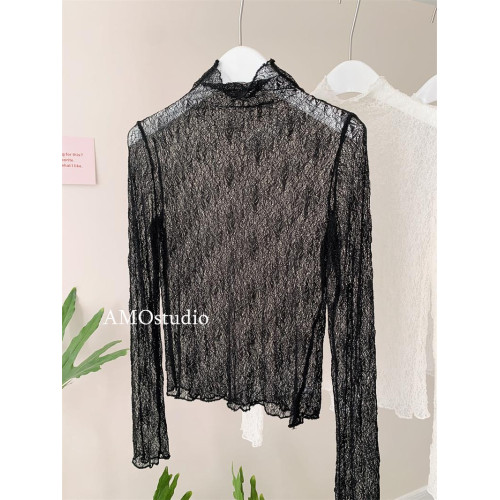 法式半高領蕾絲打底衫女秋冬內搭彈力修身堆堆領長袖網紗上衣小衫