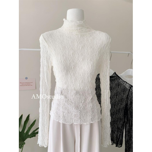 法式半高領蕾絲打底衫女秋冬內搭彈力修身堆堆領長袖網紗上衣小衫