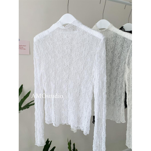 法式半高領蕾絲打底衫女秋冬內搭彈力修身堆堆領長袖網紗上衣小衫