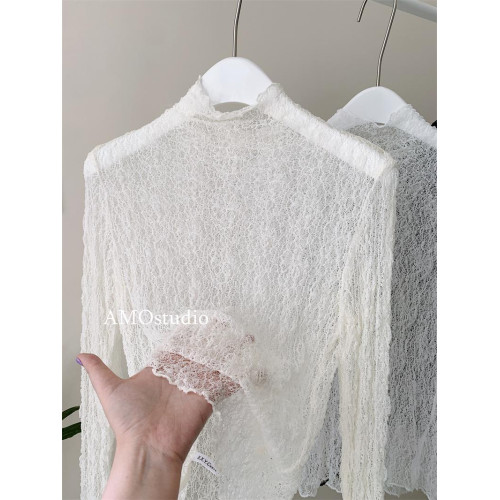 法式半高領蕾絲打底衫女秋冬內搭彈力修身堆堆領長袖網紗上衣小衫