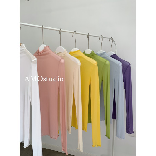 紫色木耳邊高領網紗打底衫薄紗內搭修身微透打底衫彩色多巴胺穿搭