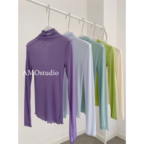 紫色木耳邊高領網紗打底衫薄紗內搭修身微透打底衫彩色多巴胺穿搭