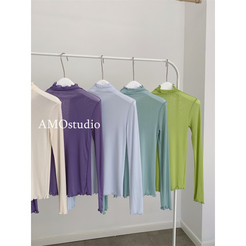 紫色木耳邊高領網紗打底衫薄紗內搭修身微透打底衫彩色多巴胺穿搭