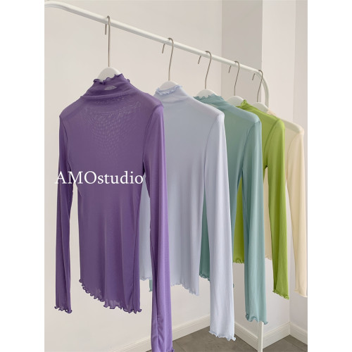紫色木耳邊高領網紗打底衫薄紗內搭修身微透打底衫彩色多巴胺穿搭