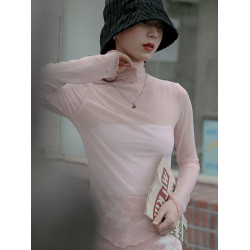 冰絲網紗打底衫女夏季修身內搭長袖薄紗透明罩衫防曬t恤辣妹上衣