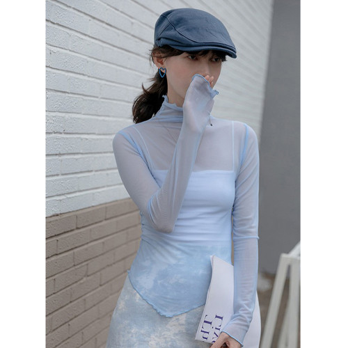 冰絲網紗打底衫女夏季修身內搭長袖薄紗透明罩衫防曬t恤辣妹上衣 冰絲網紗打底衫女夏季修身內搭長袖薄紗透明罩衫防曬t恤辣妹上衣