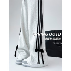 白灰色蝴蝶結運動褲女春秋2025新款高腰休閒褲寬松直筒條紋濶腿褲