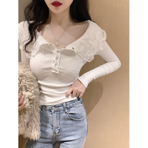 大翻領蕾絲花邊針織衫女別致修身上衣韓版顯瘦洋氣復古打底衫早春