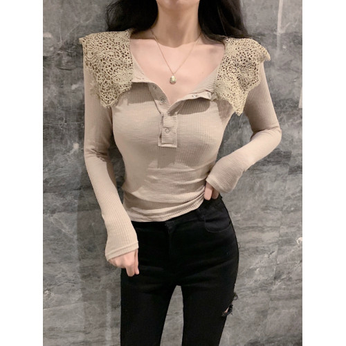 大翻領蕾絲花邊針織衫女別致修身上衣韓版顯瘦洋氣復古打底衫早春