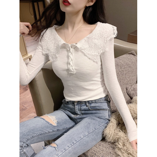 大翻領蕾絲花邊針織衫女別致修身上衣韓版顯瘦洋氣復古打底衫早春