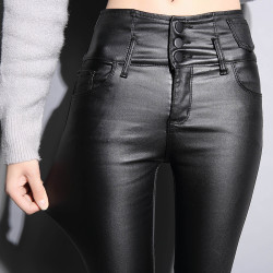 秋冬高腰皮褲女2025新款加絨亞光緊身塗層磨砂小腳小個子打底褲子