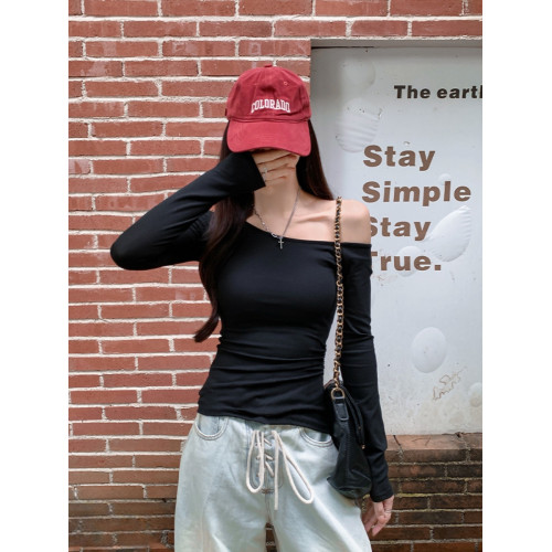 辣妹酷颯chic褶皺修身不規則斜肩長袖T恤女純欲一字領露肩小上衣 辣妹酷颯chic褶皺修身不規則斜肩長袖T恤女純欲一字領露肩小上衣