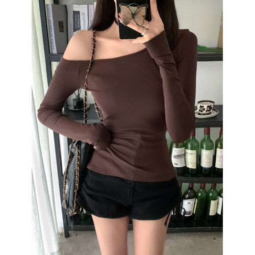 辣妹酷颯chic褶皺修身不規則斜肩長袖T恤女純欲一字領露肩小上衣 辣妹酷颯chic褶皺修身不規則斜肩長袖T恤女純欲一字領露肩小上衣