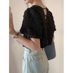 小香風復古洋氣氣質短袖圓領泡泡袖別致鏤空短款褶皺雪紡衫上衣女