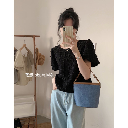 小香風復古洋氣氣質短袖圓領泡泡袖別致鏤空短款褶皺雪紡衫上衣女