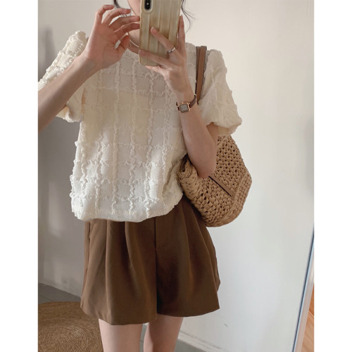 小香風復古洋氣氣質短袖圓領泡泡袖別致鏤空短款褶皺雪紡衫上衣女