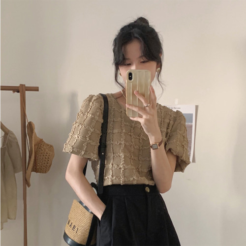 小香風復古洋氣氣質短袖圓領泡泡袖別致鏤空短款褶皺雪紡衫上衣女