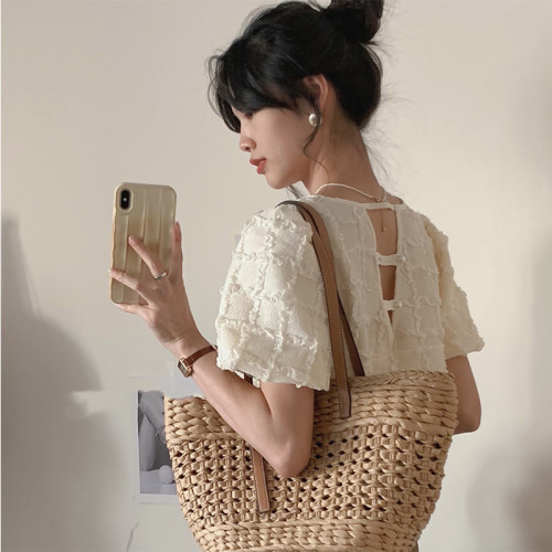 小香風復古洋氣氣質短袖圓領泡泡袖別致鏤空短款褶皺雪紡衫上衣女