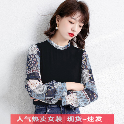 秋裝2025年新款早秋長袖印花雪紡襯衫女減齡內搭上衣洋氣打底小衫