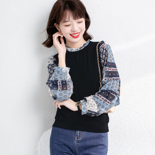 秋裝2025年新款早秋長袖印花雪紡襯衫女減齡內搭上衣洋氣打底小衫