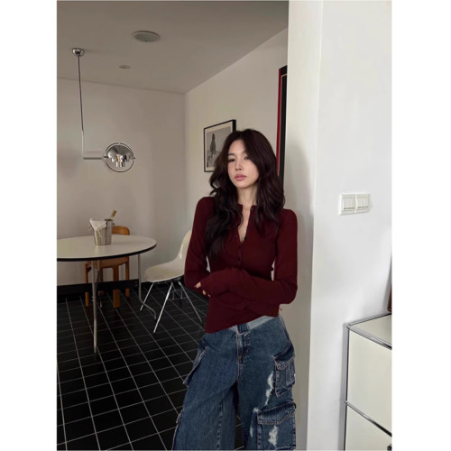 美式辣妹黑色半開領正肩長袖春季內搭打底衫女緊身T恤短款上衣ins