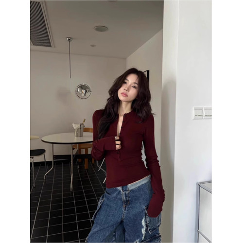 美式辣妹黑色半開領正肩長袖春季內搭打底衫女緊身T恤短款上衣ins