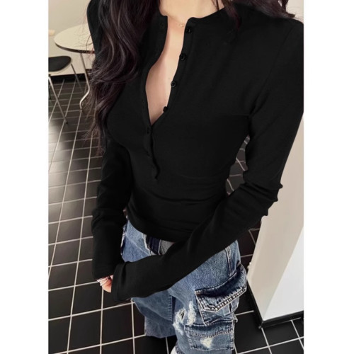 美式辣妹黑色半開領正肩長袖春季內搭打底衫女緊身T恤短款上衣ins