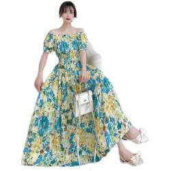 波西米亞碎花棉綢大擺裙連衣裙長裙沙灘裙度假裙印花一字領甜美夏