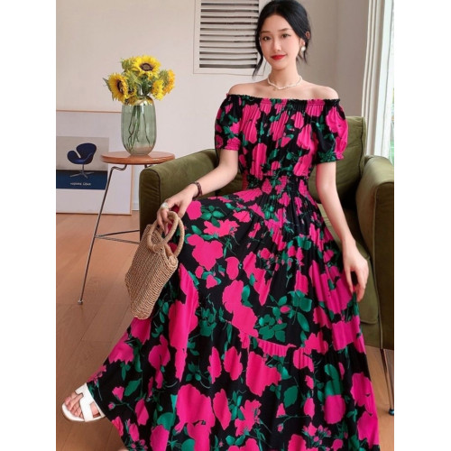 波西米亞碎花棉綢大擺裙連衣裙長裙沙灘裙度假裙印花一字領甜美夏