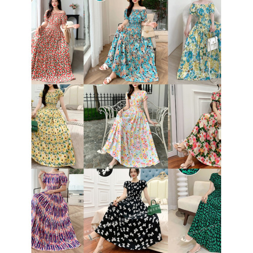 波西米亞碎花棉綢大擺裙連衣裙長裙沙灘裙度假裙印花一字領甜美夏