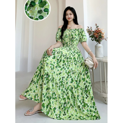 波西米亞碎花棉綢大擺裙連衣裙長裙沙灘裙度假裙印花一字領甜美夏