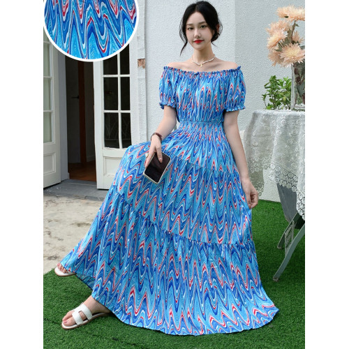 波西米亞碎花棉綢大擺裙連衣裙長裙沙灘裙度假裙印花一字領甜美夏