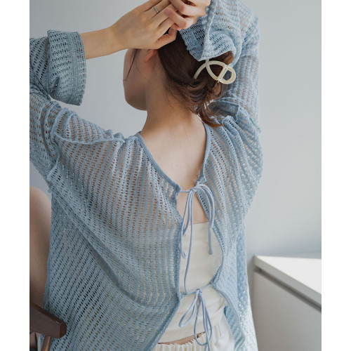 夏季日系KAS前後2WAY鏤空鉤花蝴蝶結系帶甜美百搭蕾絲衫開衫罩衫