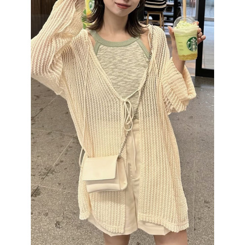 夏季日系KAS前後2WAY鏤空鉤花蝴蝶結系帶甜美百搭蕾絲衫開衫罩衫