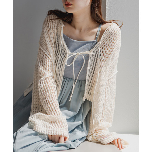 夏季日系KAS前後2WAY鏤空鉤花蝴蝶結系帶甜美百搭蕾絲衫開衫罩衫