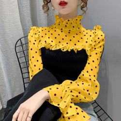 2025秋季新款內搭玫紅色波點荷葉邊喇叭袖百搭減齡漂亮洋氣上衣女