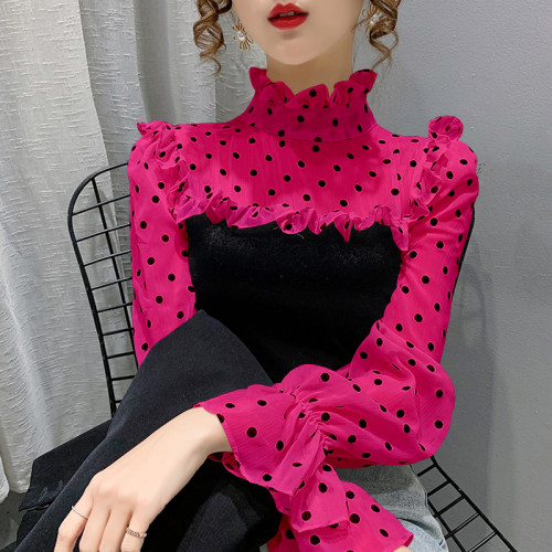 2025秋季新款內搭玫紅色波點荷葉邊喇叭袖百搭減齡漂亮洋氣上衣女