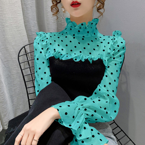 2025秋季新款內搭玫紅色波點荷葉邊喇叭袖百搭減齡漂亮洋氣上衣女