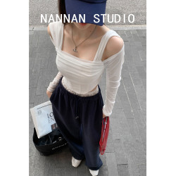 歐美辣妹性感一字肩兩穿設計感長袖上衣女秋新款魚骨收腰短款T恤